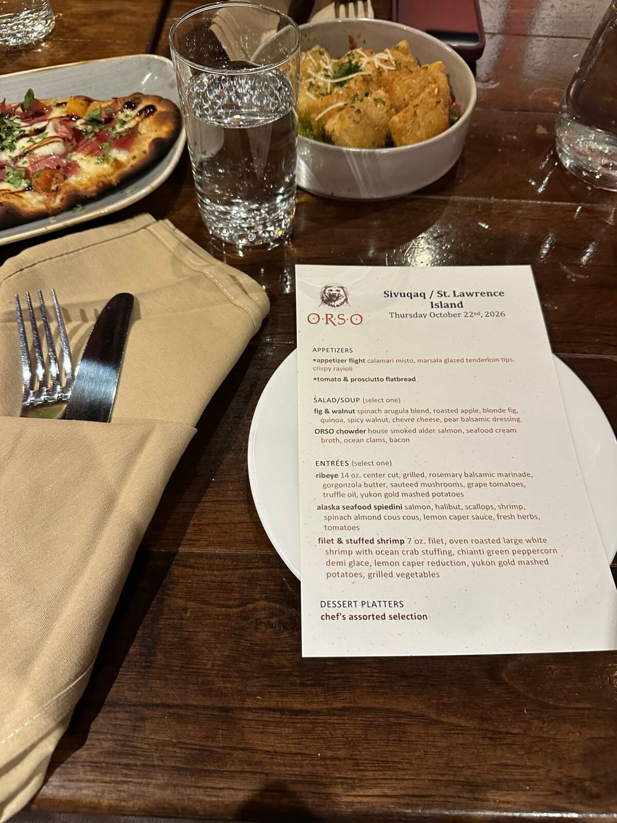 ORSO Sivuqaq St. Lawrence Island dinner menu with flatbread and appetizers, Anchorage October 2026