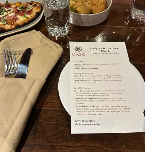 ORSO Sivuqaq St. Lawrence Island dinner menu with flatbread and appetizers, Anchorage October 2026