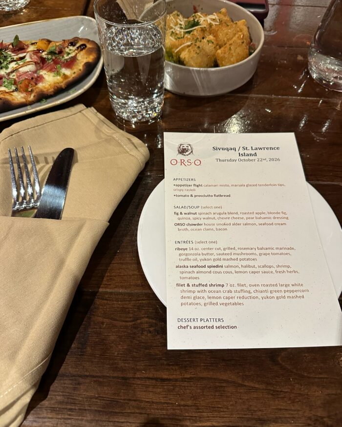 ORSO Sivuqaq St. Lawrence Island dinner menu with flatbread and appetizers, Anchorage October 2026