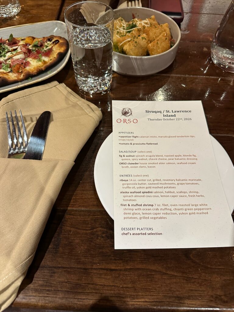 ORSO Sivuqaq St. Lawrence Island dinner menu with flatbread and appetizers, Anchorage October 2026