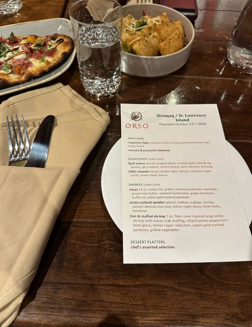 ORSO Sivuqaq St. Lawrence Island dinner menu with flatbread and appetizers, Anchorage October 2026